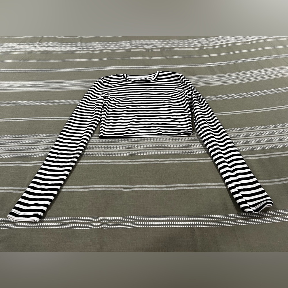 Zara Black & White Striped Long-Sleeve Crop Top